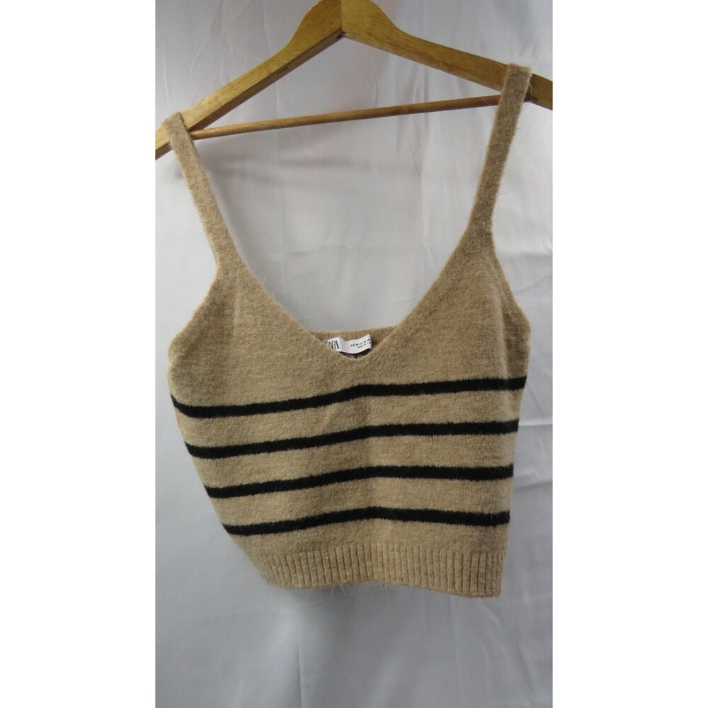 ZARA Tan and Black Striped Knit V-Neck Cropped Tank Size Medium